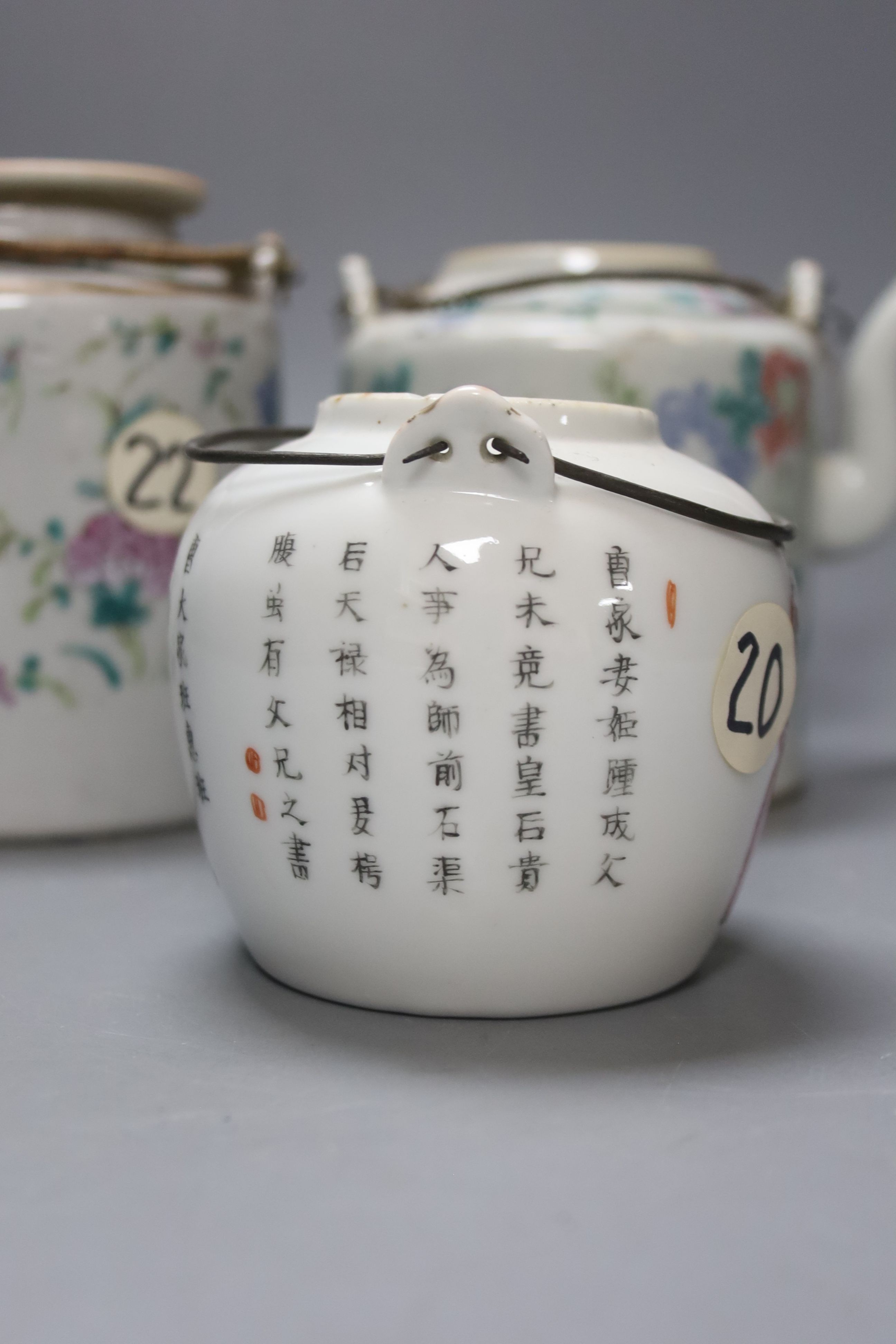 Three 19th century Chinese famille rose teapots, tallest 14cm